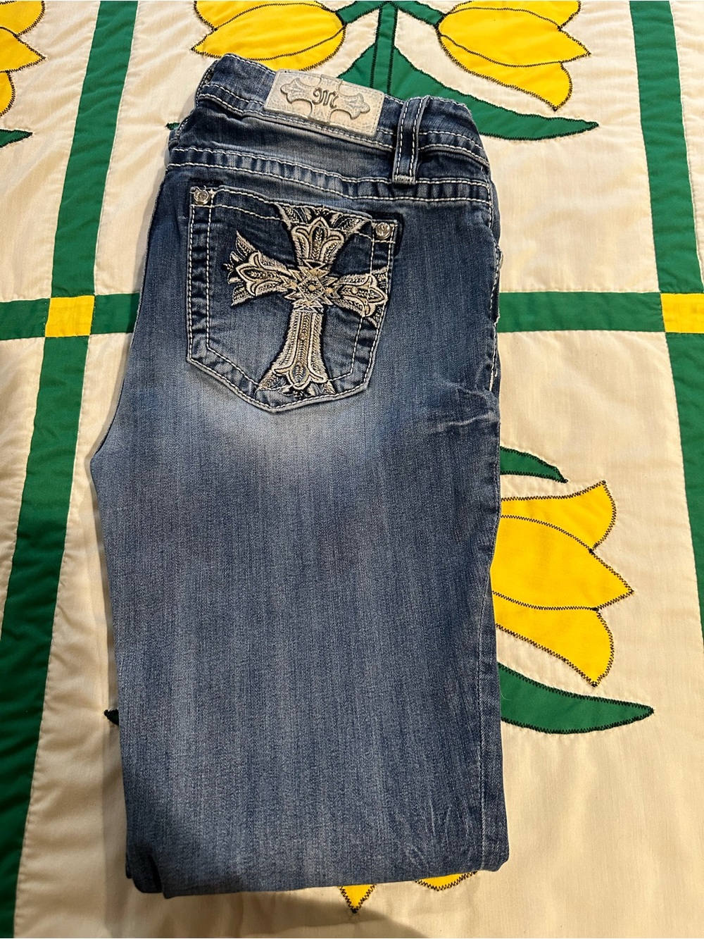 Miss Me Blue Boot Cut Jeans with Embroidered Cross Pocket